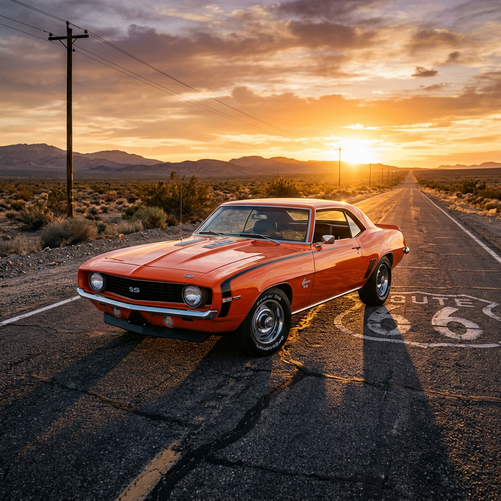 1969 Chevrolet Camaro SS in Hugger Orange on Route 66 at golden hour