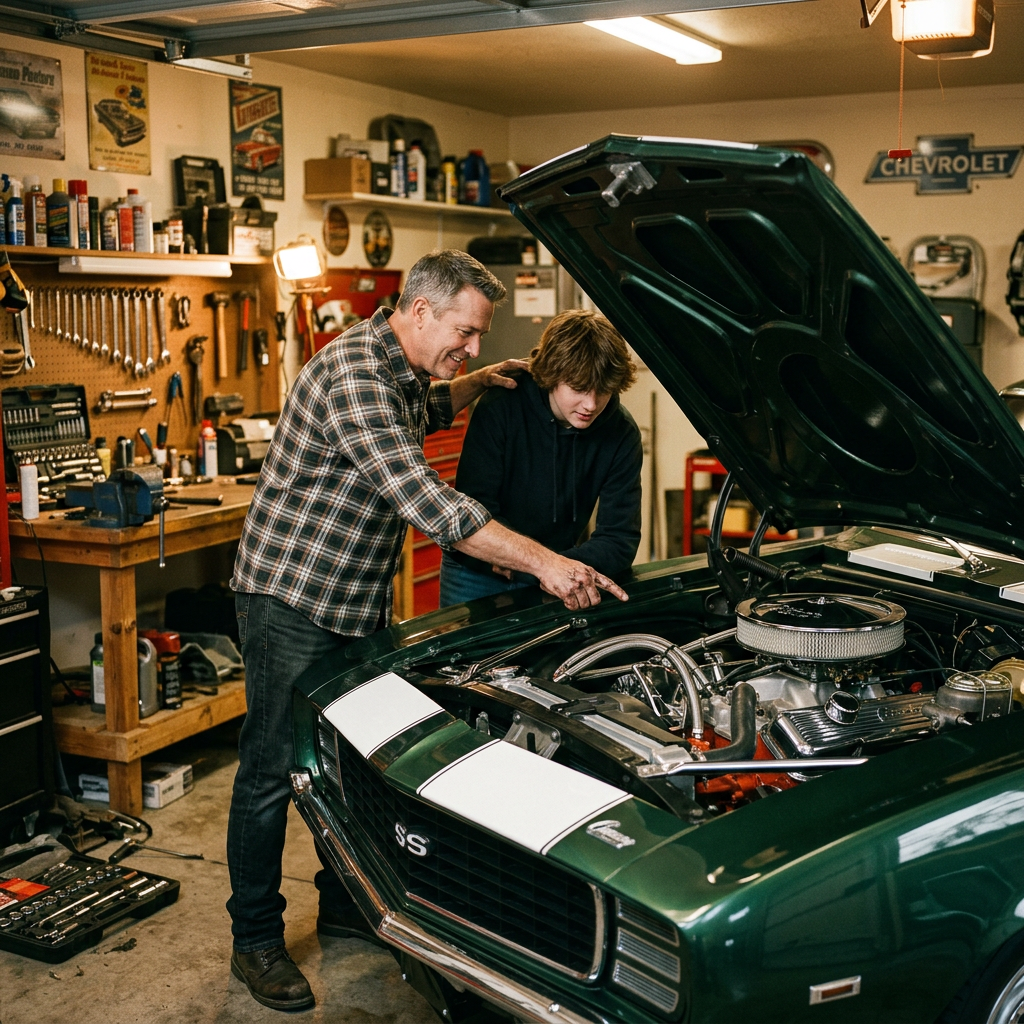 Father and son restoring a 1969 Camaro together in garage
