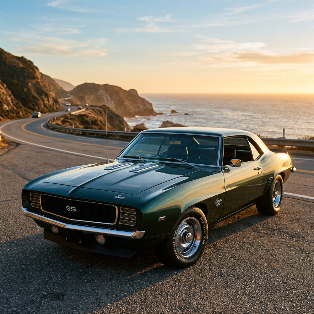 1969 Camaro SS in Fathom Green at golden hour on a California road