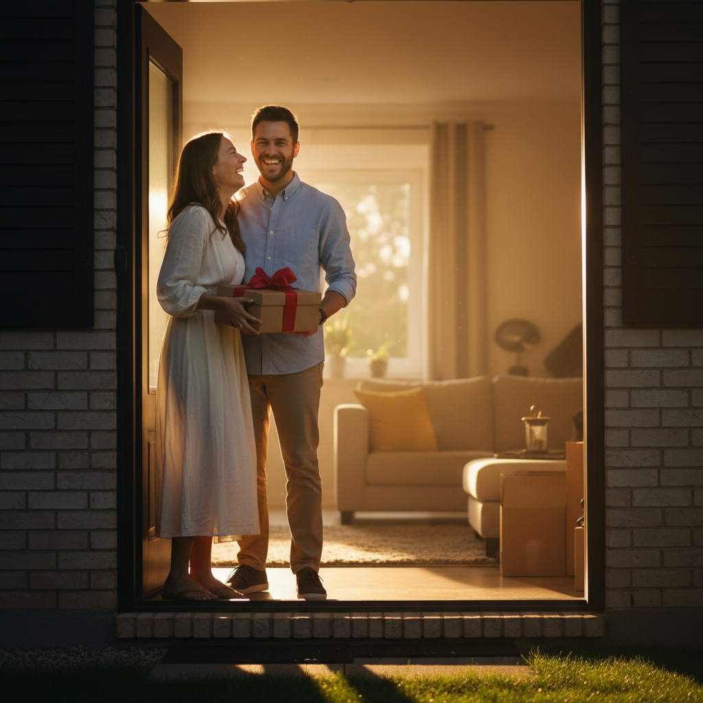 Couple sharing a joyful moment at their new home
