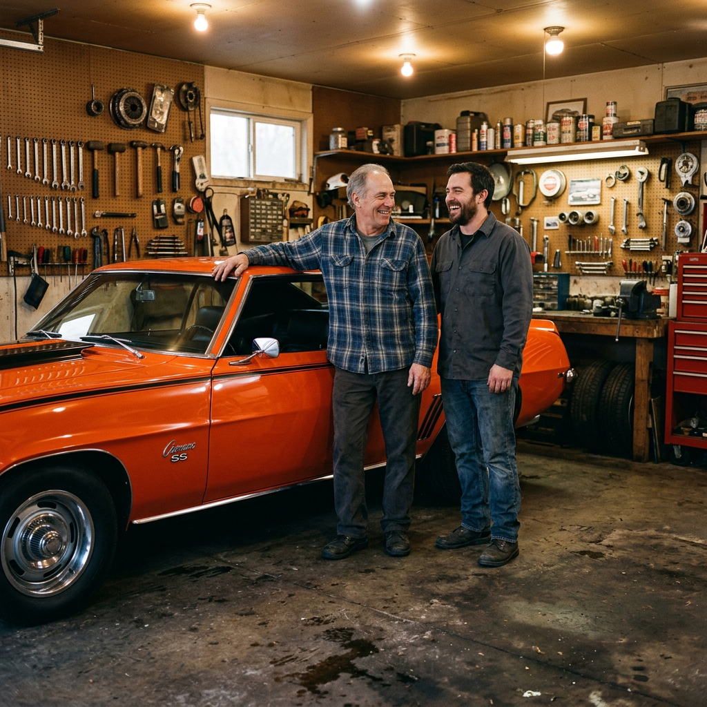 Father and son standing beside restored 1969 Camaro SS in family garage