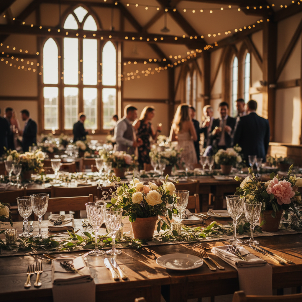 Wedding reception with warm golden lighting and elegant decor