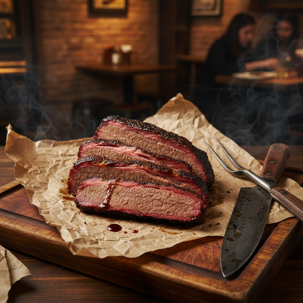 Sliced smoked brisket on butcher paper