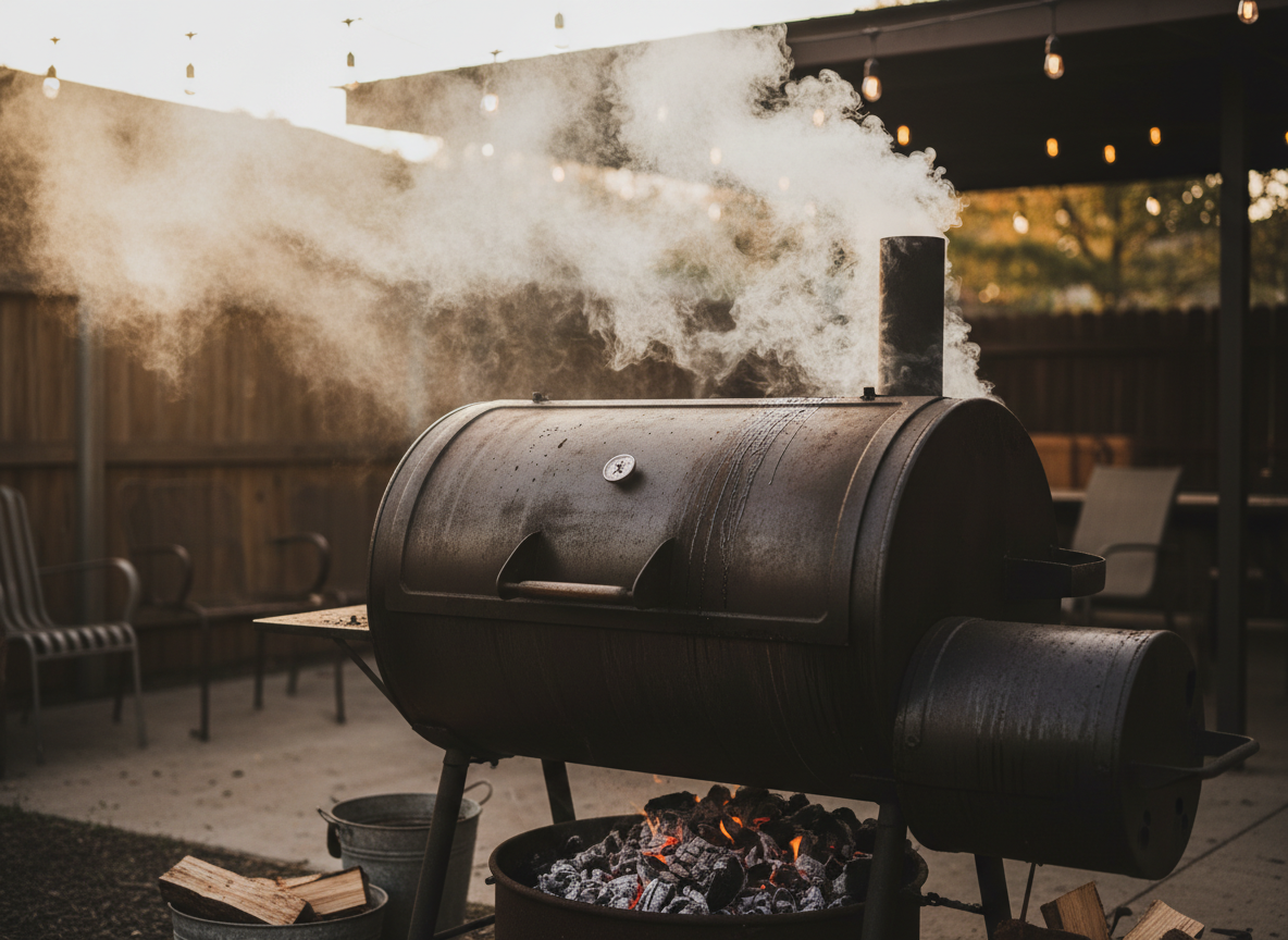 BBQ smoker with billowing smoke