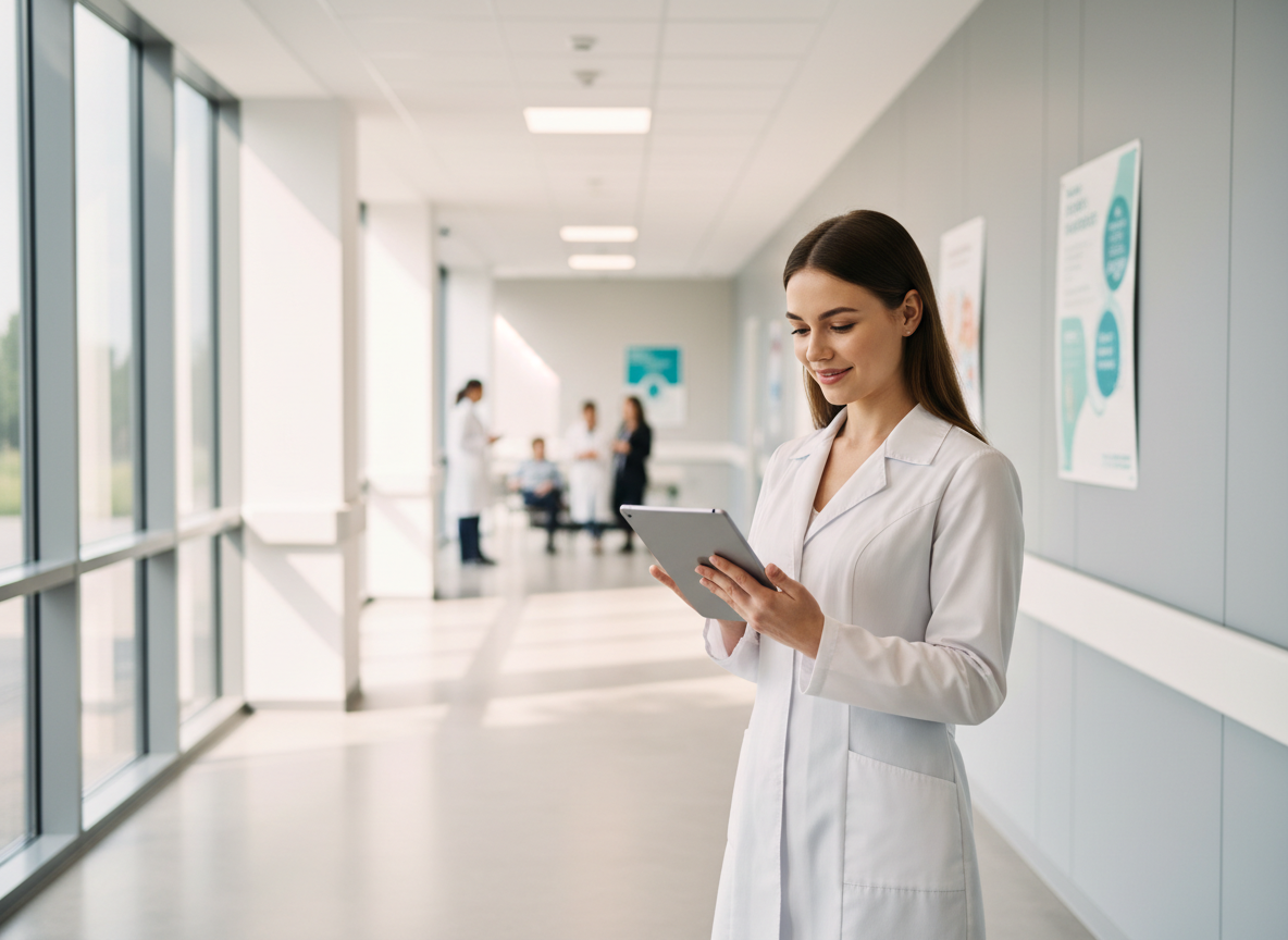 New graduate physical therapist reviewing patient chart in modern hospital