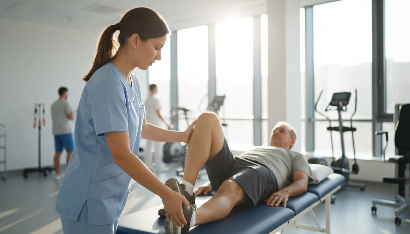 Physical therapist assisting patient in modern hospital rehabilitation setting