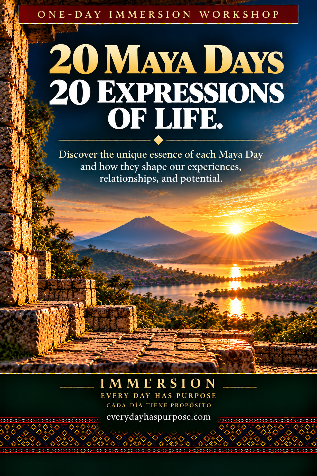 IMMERSION workshop poster: 20 Maya Days, 20 expressions of life, framed by a stone archway at sunrise.