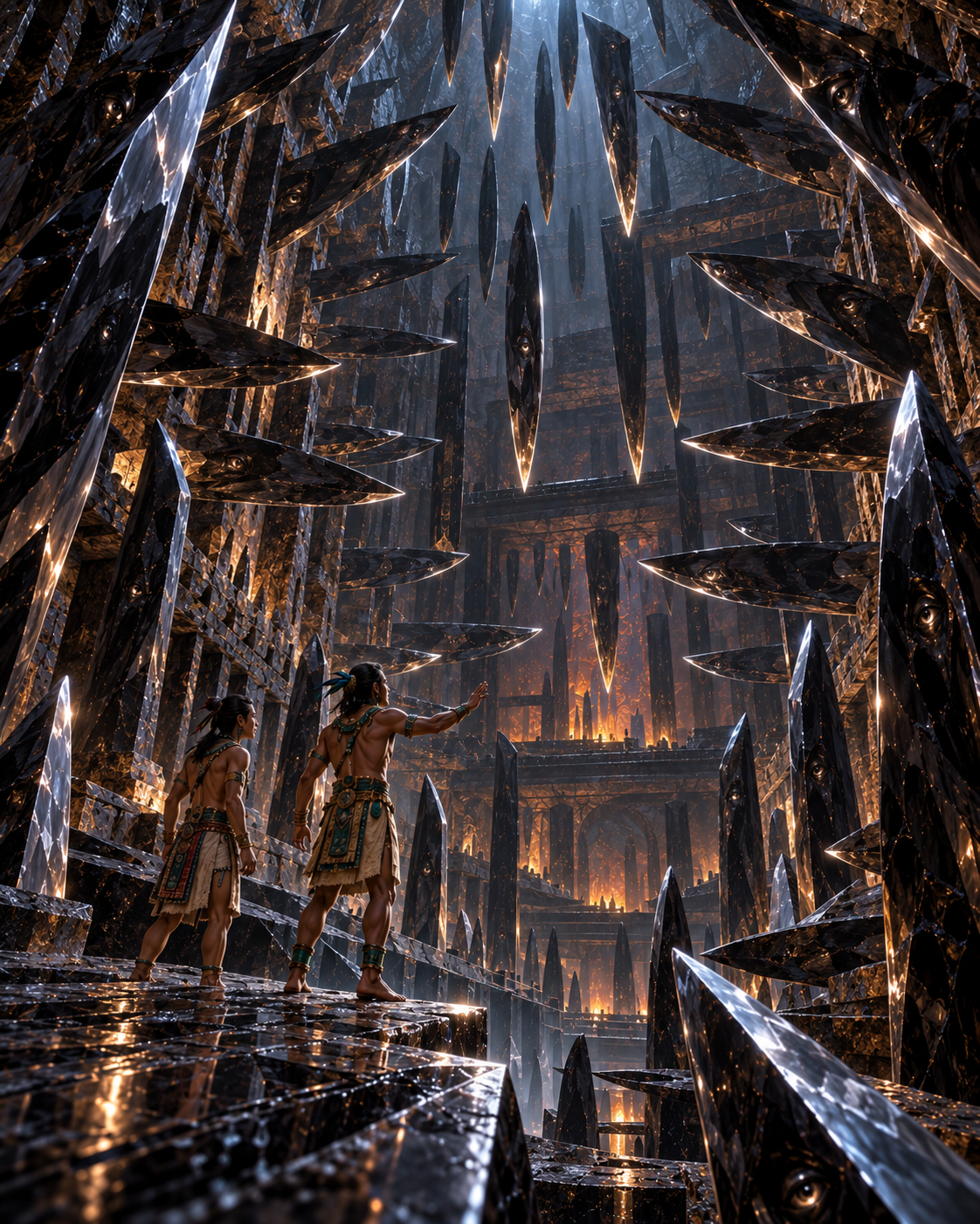 The blades become still — one Twin reaches toward the blades while the other observes