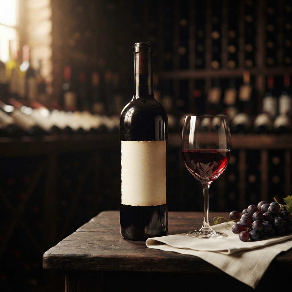 Wine bottle and red wine glass in warm cellar light; editorial illustration