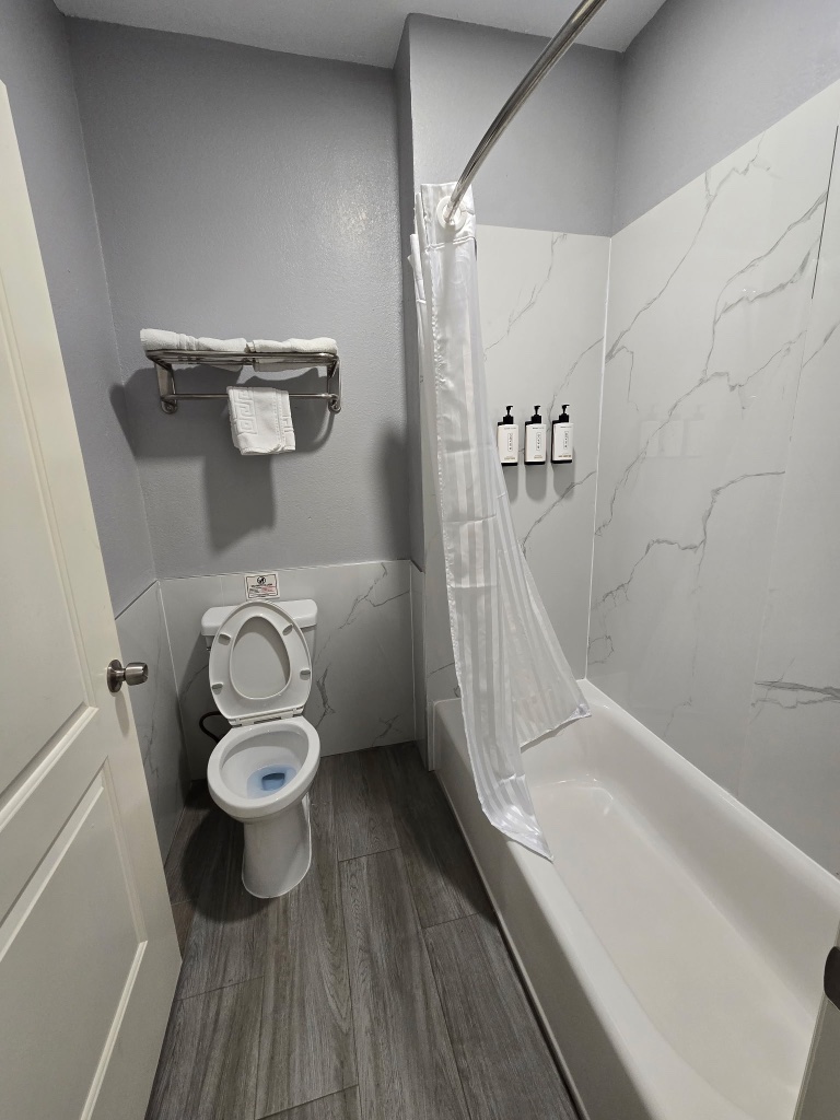 A bathroom with a toilet, bathtub, and shower.
