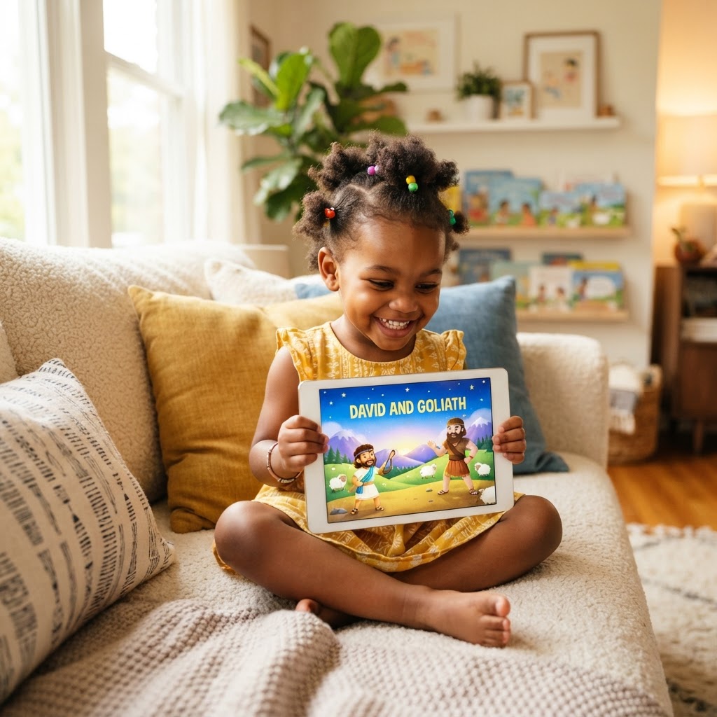 Child reading Bible storybook