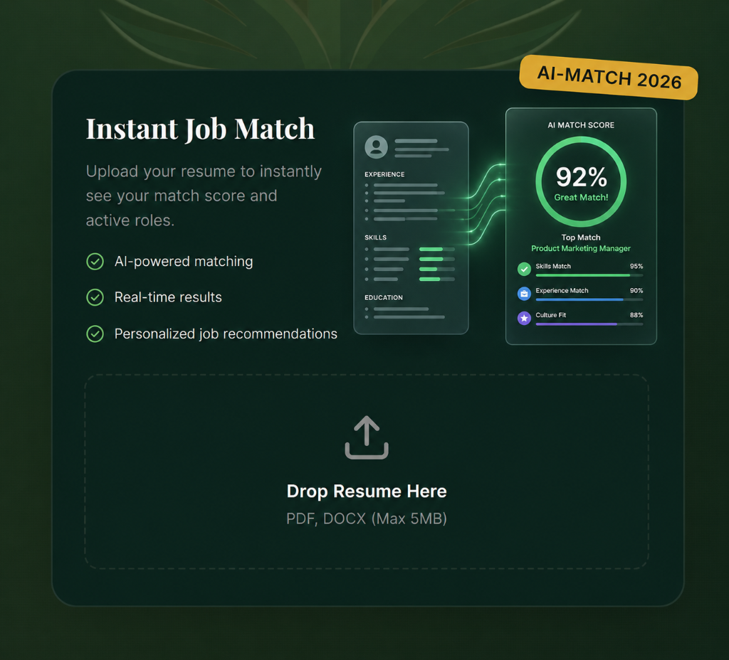 Instant Job Match — upload your resume to see your match score and active roles