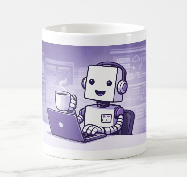 White ceramic coffee mug featuring a friendly purple robot illustration