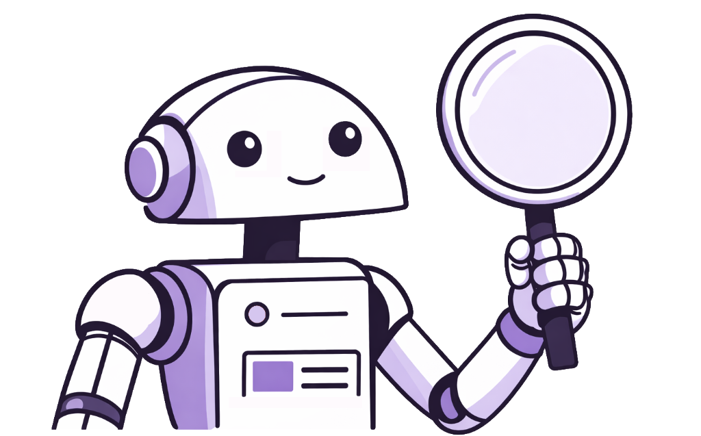 Friendly robot holding a magnifying glass, Proxy403's AI scanning agent