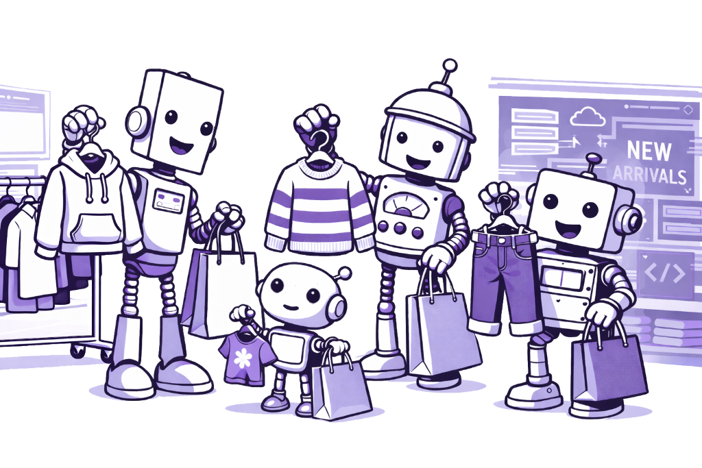 A group of diverse robots shopping in an online store