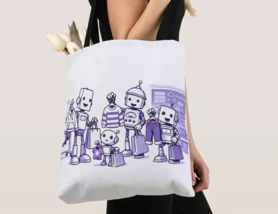 White canvas tote bag printed with a purple illustration of four robots shopping in a clothing store, with white tulips peeking out of the top