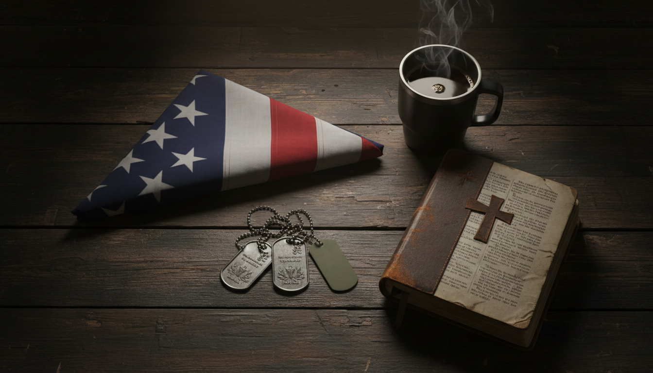 Military dog tags, Bible, and American flag on wooden table
