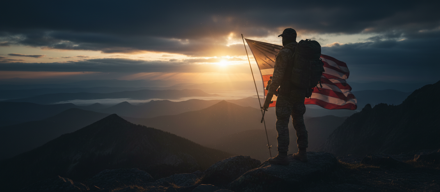 Veteran silhouette at dawn overlooking landscape