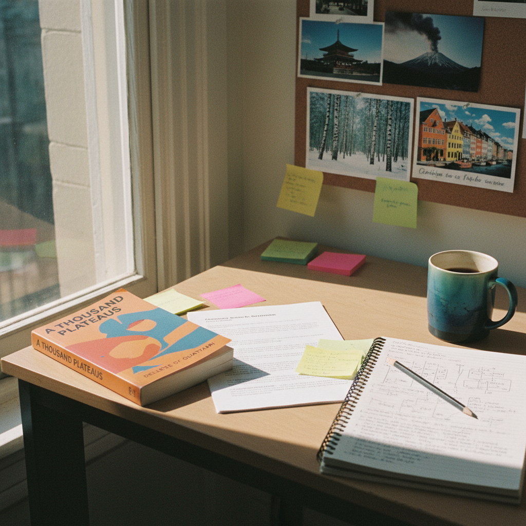 A still life of books, botanicals, and instruments of thought — representing the wide intellectual curiosity of narrative therapy practice