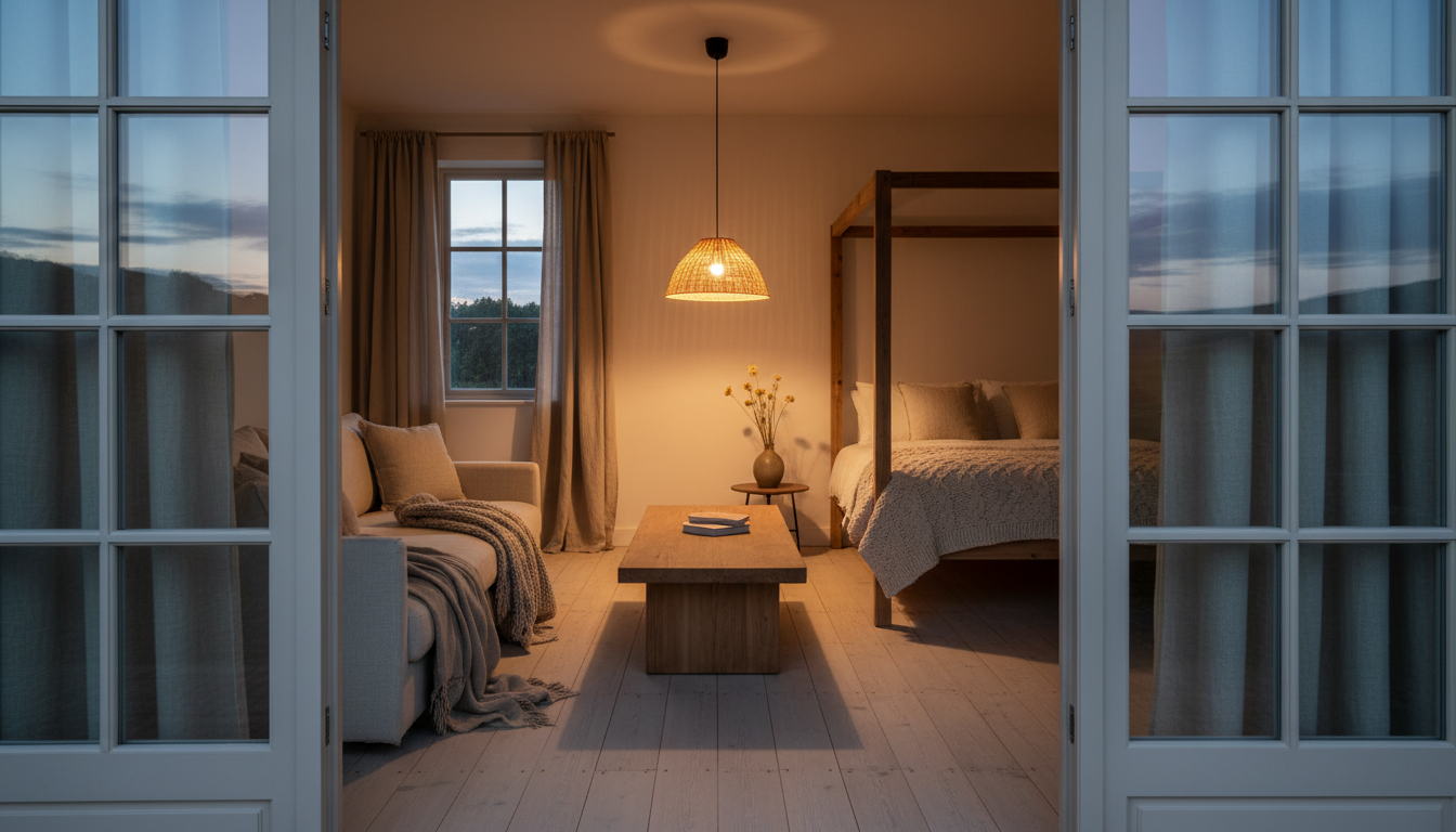 Farm cottage interior at dusk