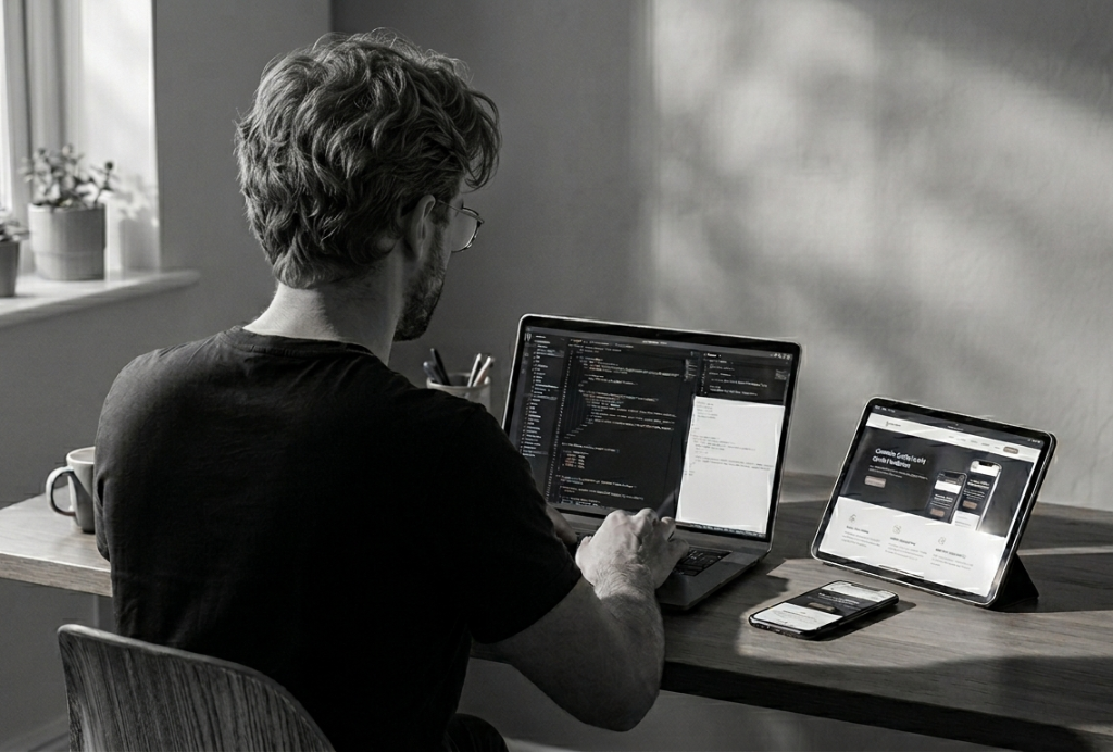 Site web artisan sur écran avec tableau de bord analytics