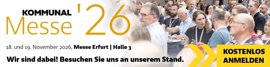 KOMMUNAL Messe '26 – 18. und 19. November 2026, Messe Erfurt | Halle 3. Wir sind dabei! Besuchen Sie uns an unserem Stand.