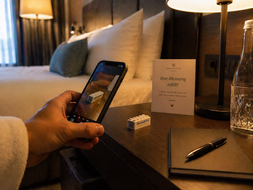 Kunde scannt ReviewBrick QR-Code mit dem Smartphone