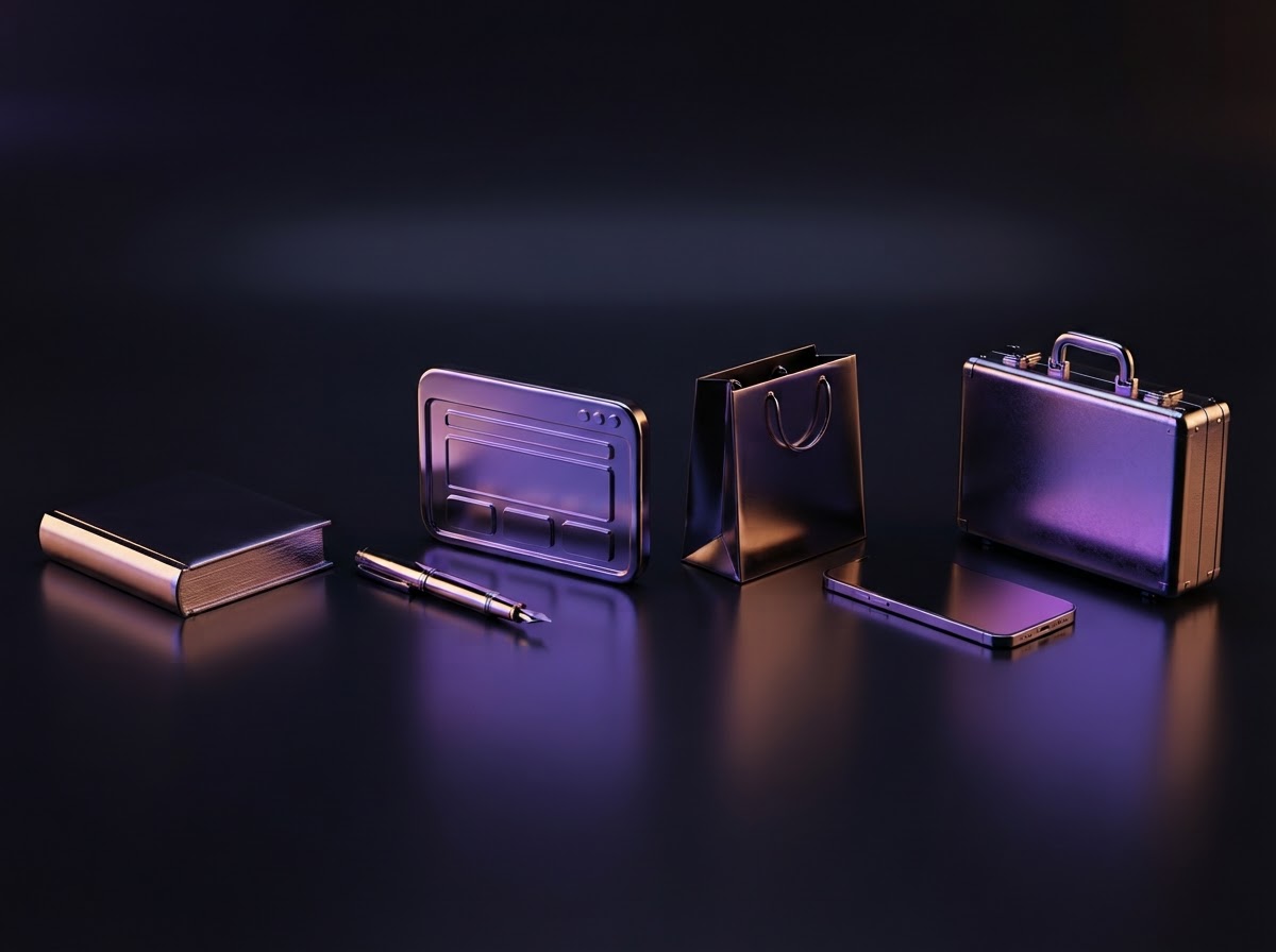 Book, fountain pen, browser window, shopping bag, phone and briefcase in glossy chrome