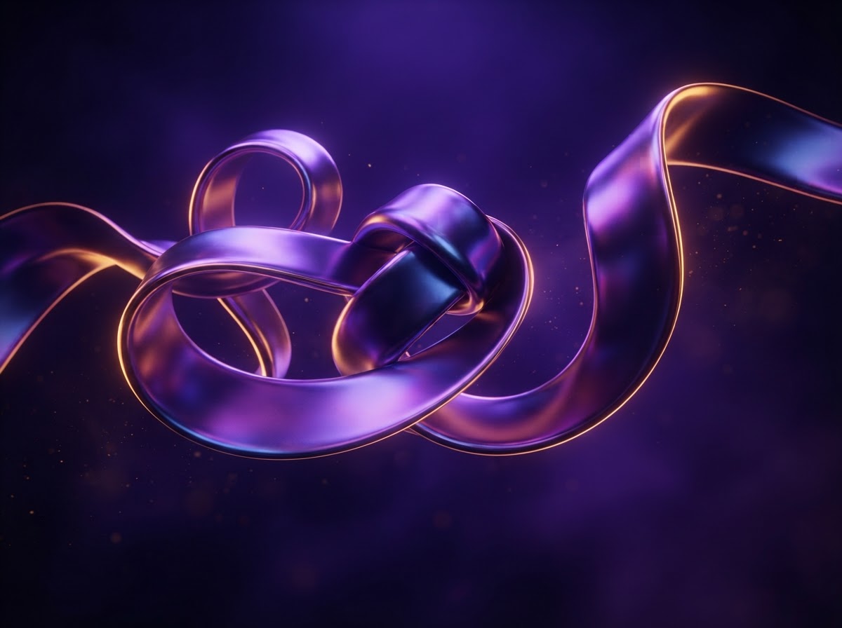 Iridescent chrome-violet ribbon against vivid violet