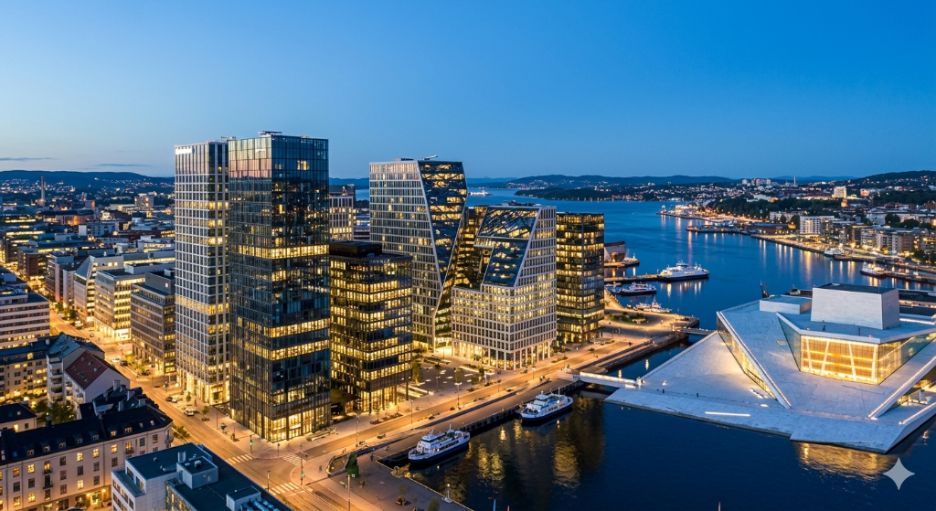 Oslo Barcode og operahuset fra luften om natten