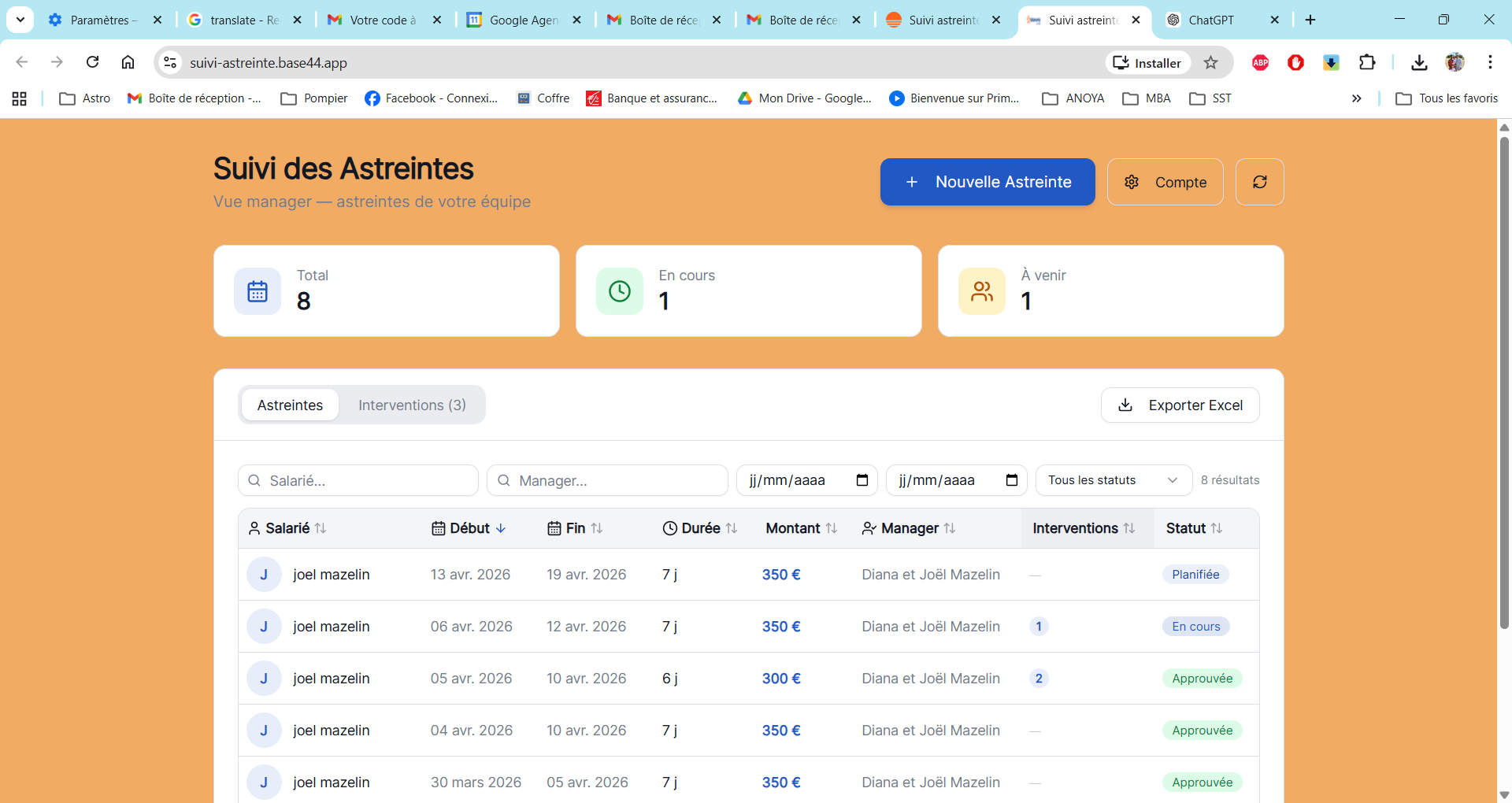 Suivi astreinte template preview