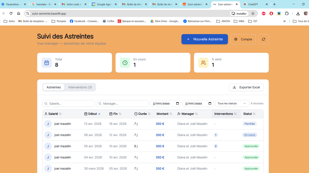 Suivi astreinte template preview