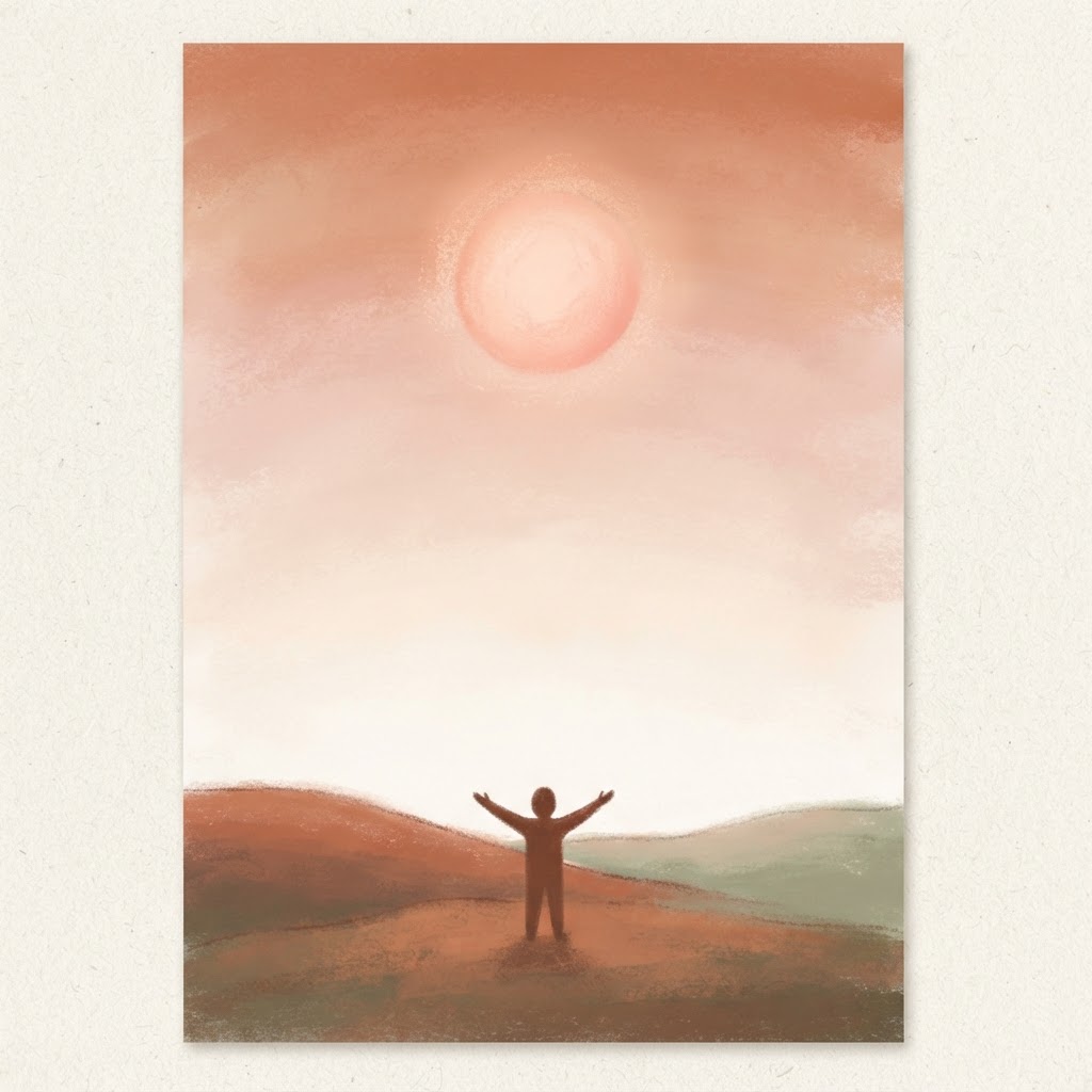 Soft pastel sunrise with a small figure arms open to the light