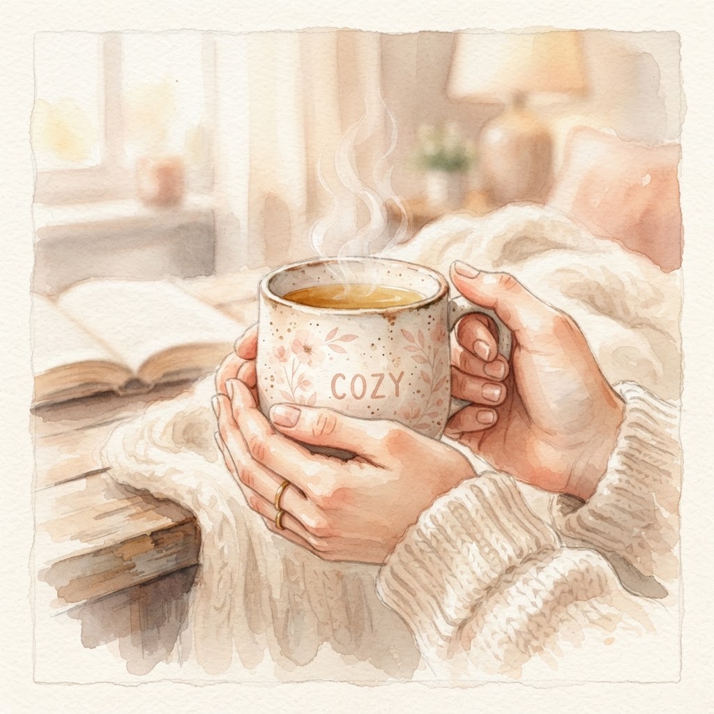 Hands cradling a warm mug of tea
