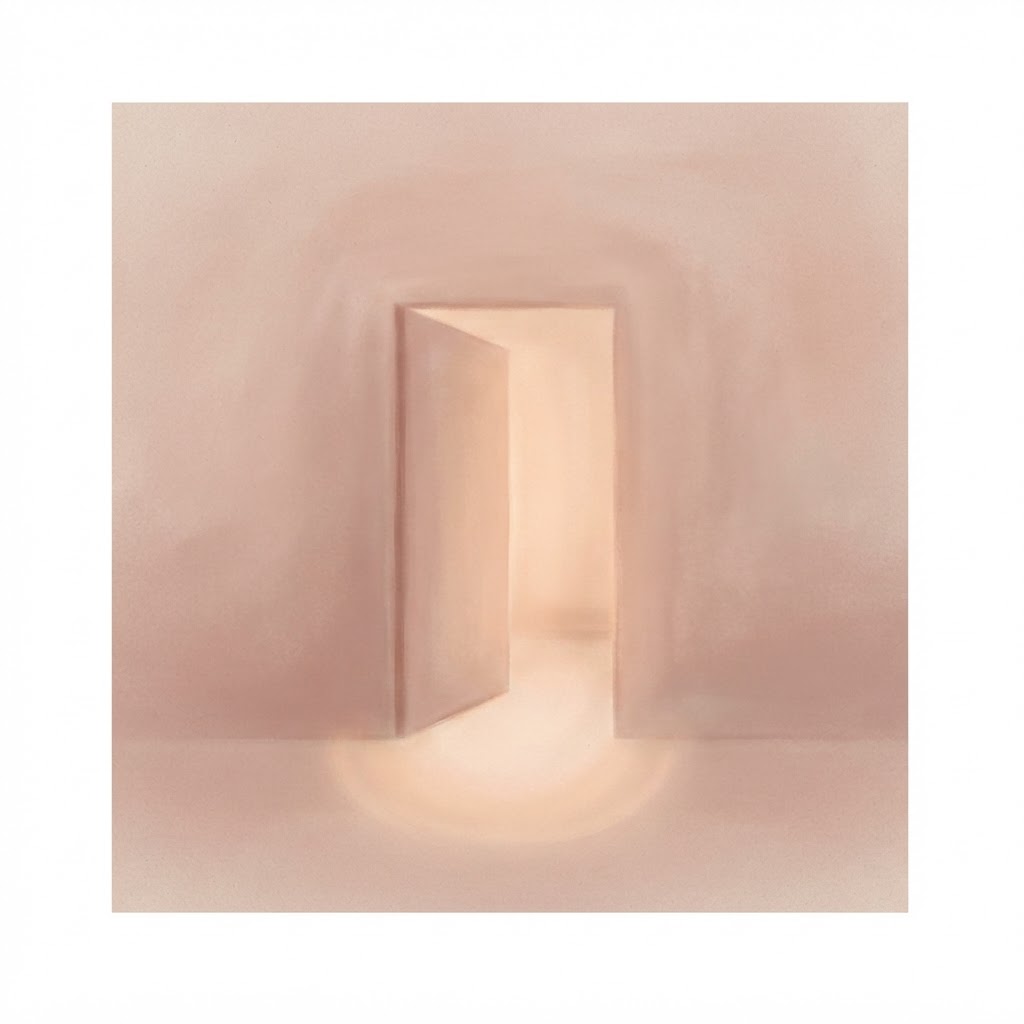 Soft pastel sketch of an open doorway with warm light spilling through