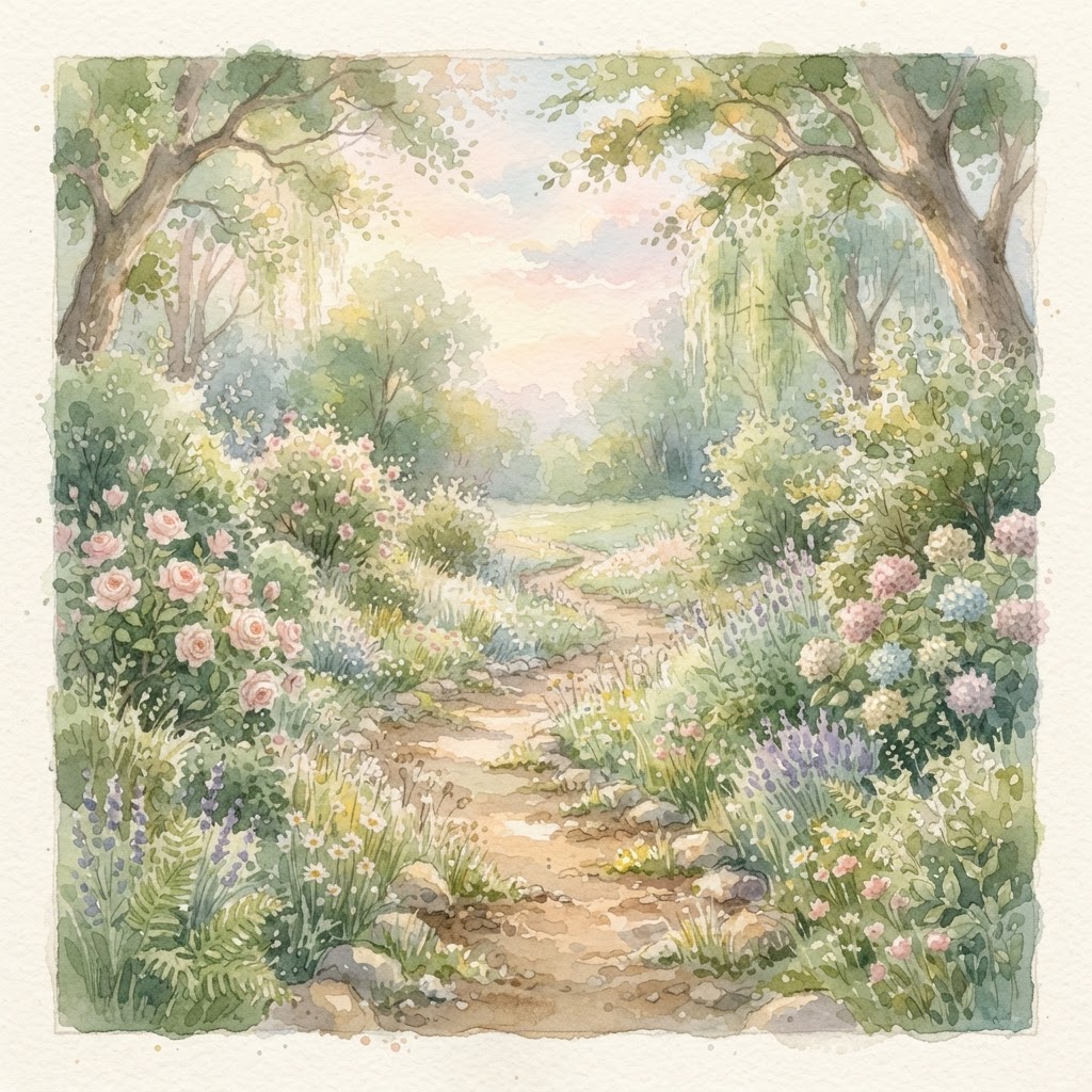 A quiet walking path through greenery
