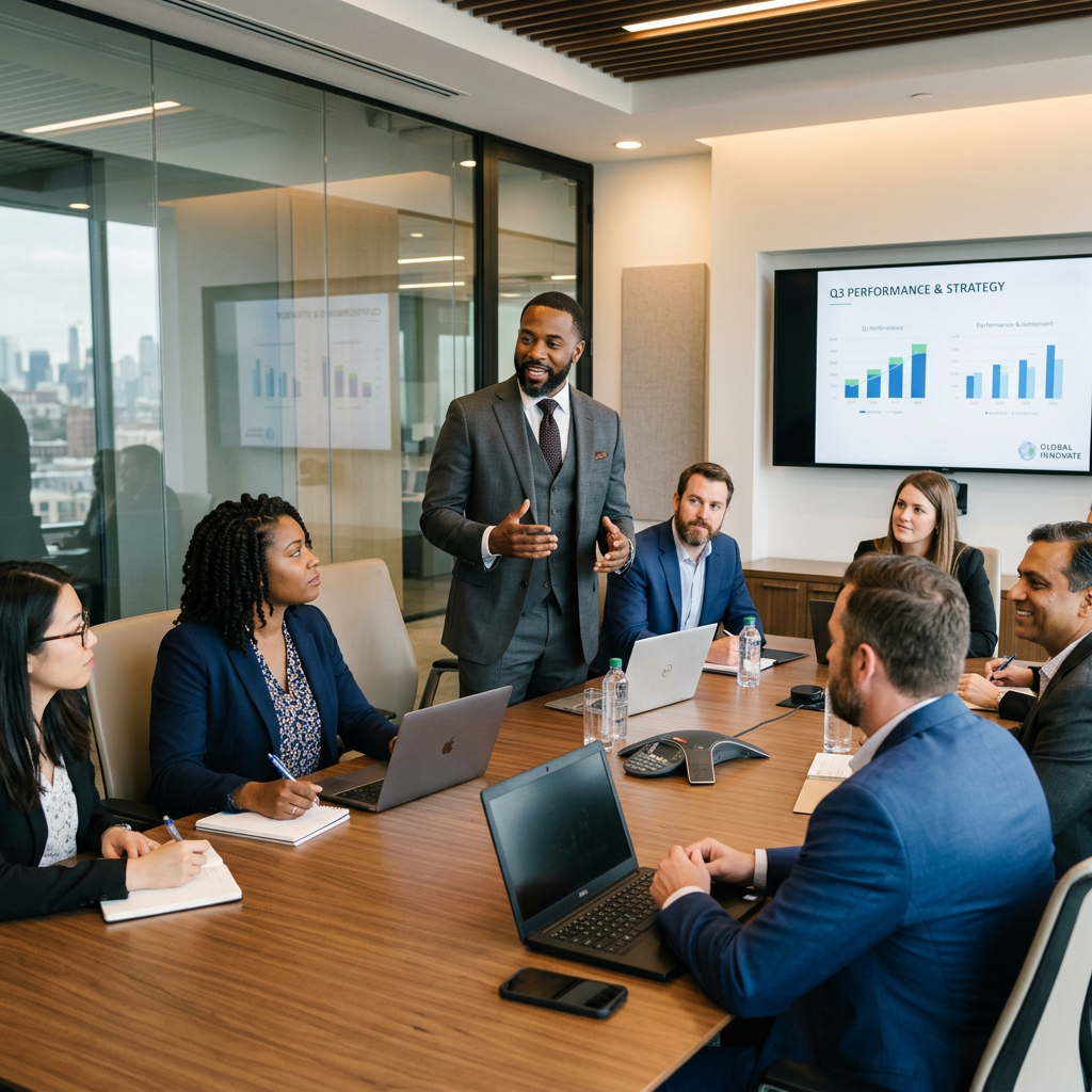Equipe de consultoria em reunião corporativa
