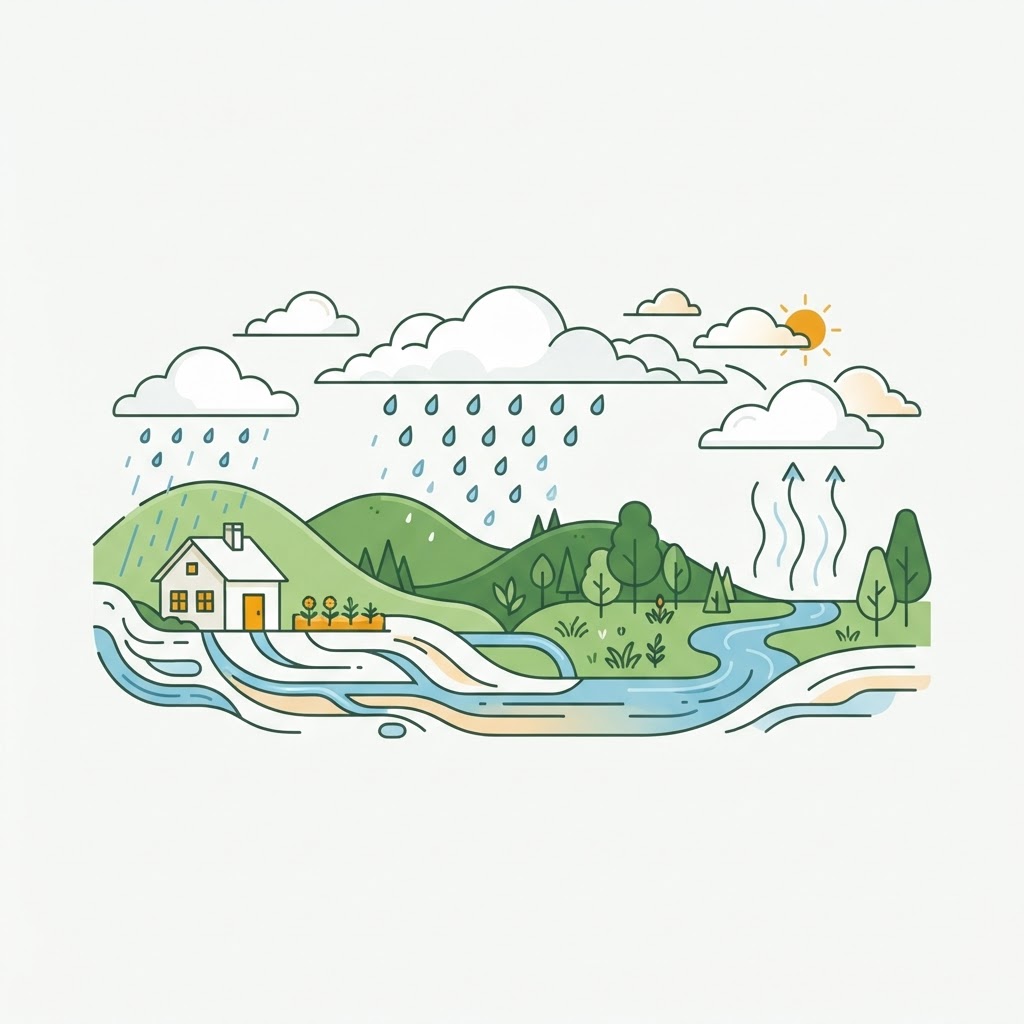 Illustratie van de waterkringloop: wolken, regen, grondwater, woning en natuur