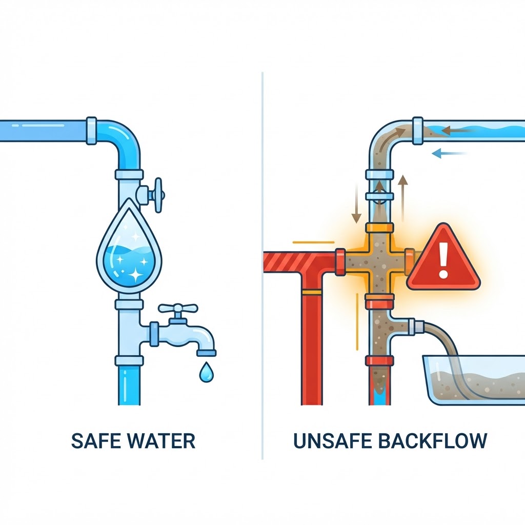 Illustratie: proper drinkwater versus foutieve terugstroming