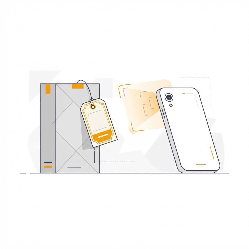 Illustratie: doos, label en smartphonefoto van het etiket