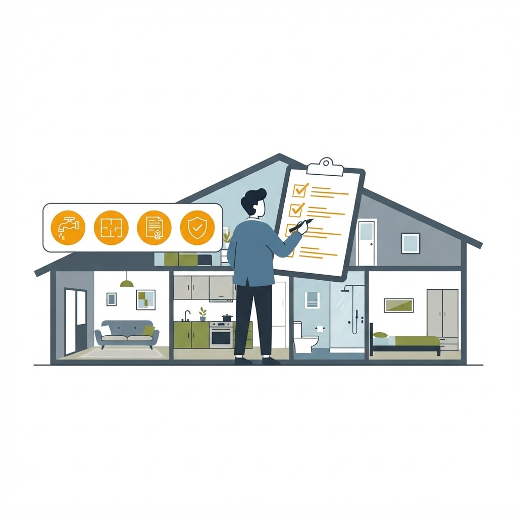 Illustratie: woning met keuringschecklist (kraan, plan, document, shield)