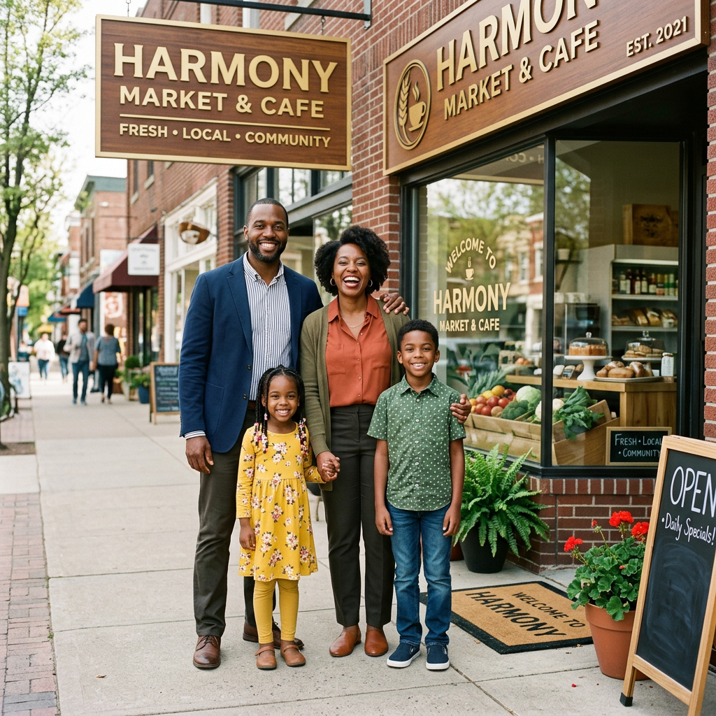 African American family in front of their business