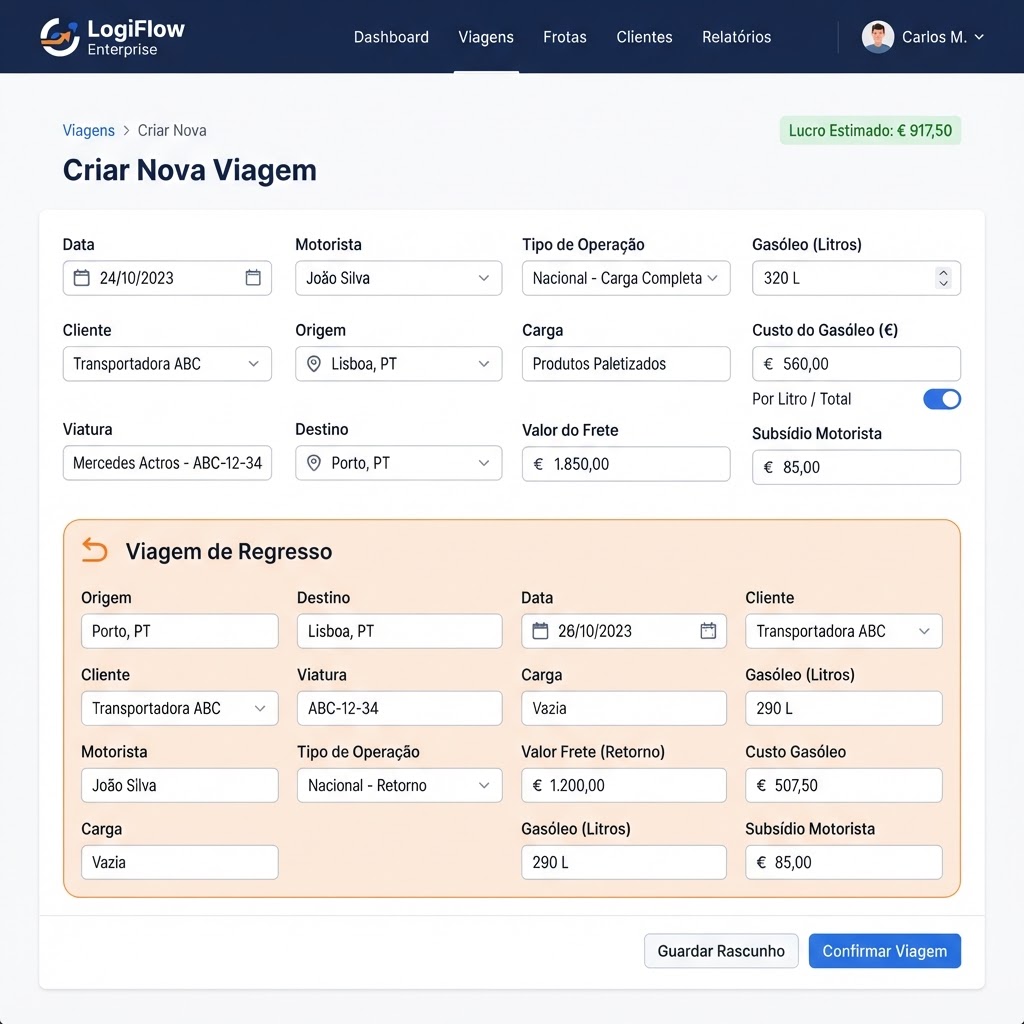 Formulário de criação de viagem com regresso