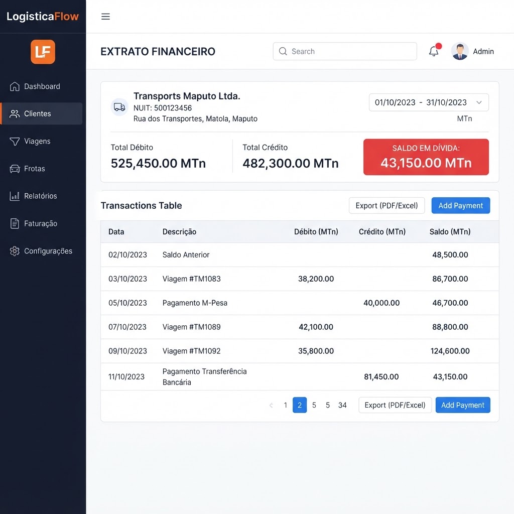 Extrato de cliente com saldo em dívida
