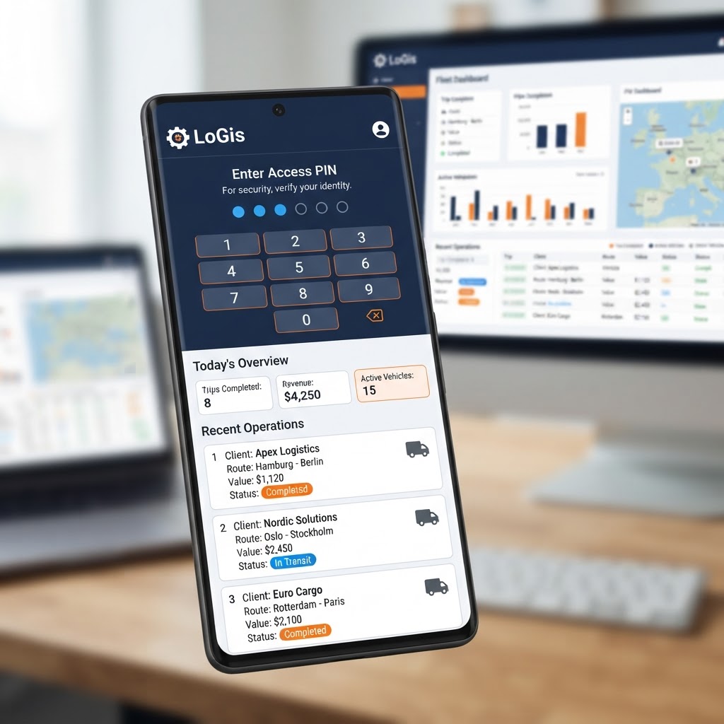 App móvel LoGis com PIN e operações