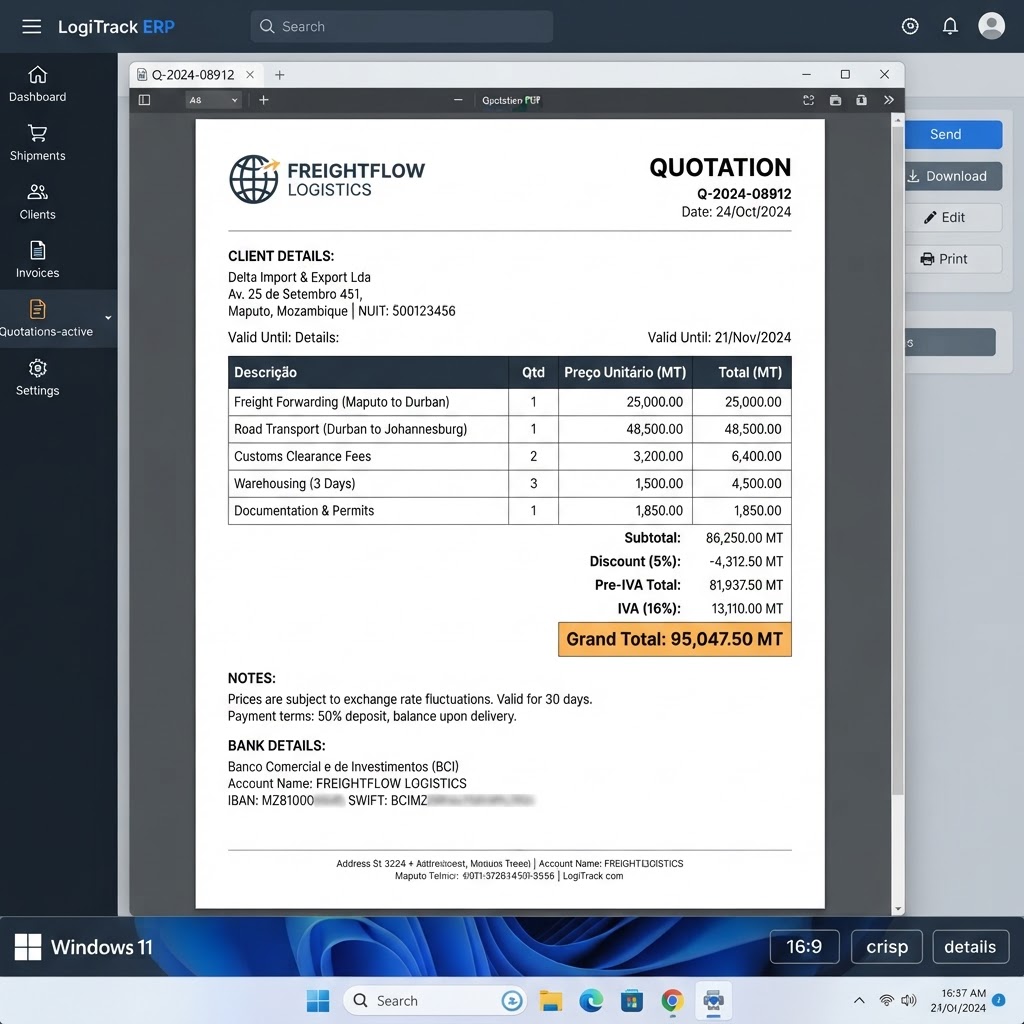 Cotação em PDF com IVA e totais