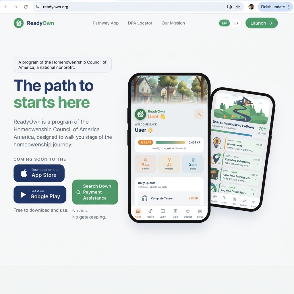 ReadyOwn Pathway app showing the dashboard and personalized pathway on mobile devices
