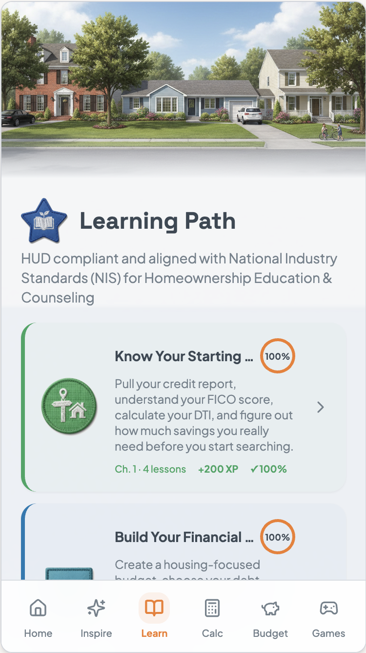 ReadyOwn Pathway personalized learning path with lessons and earned XP