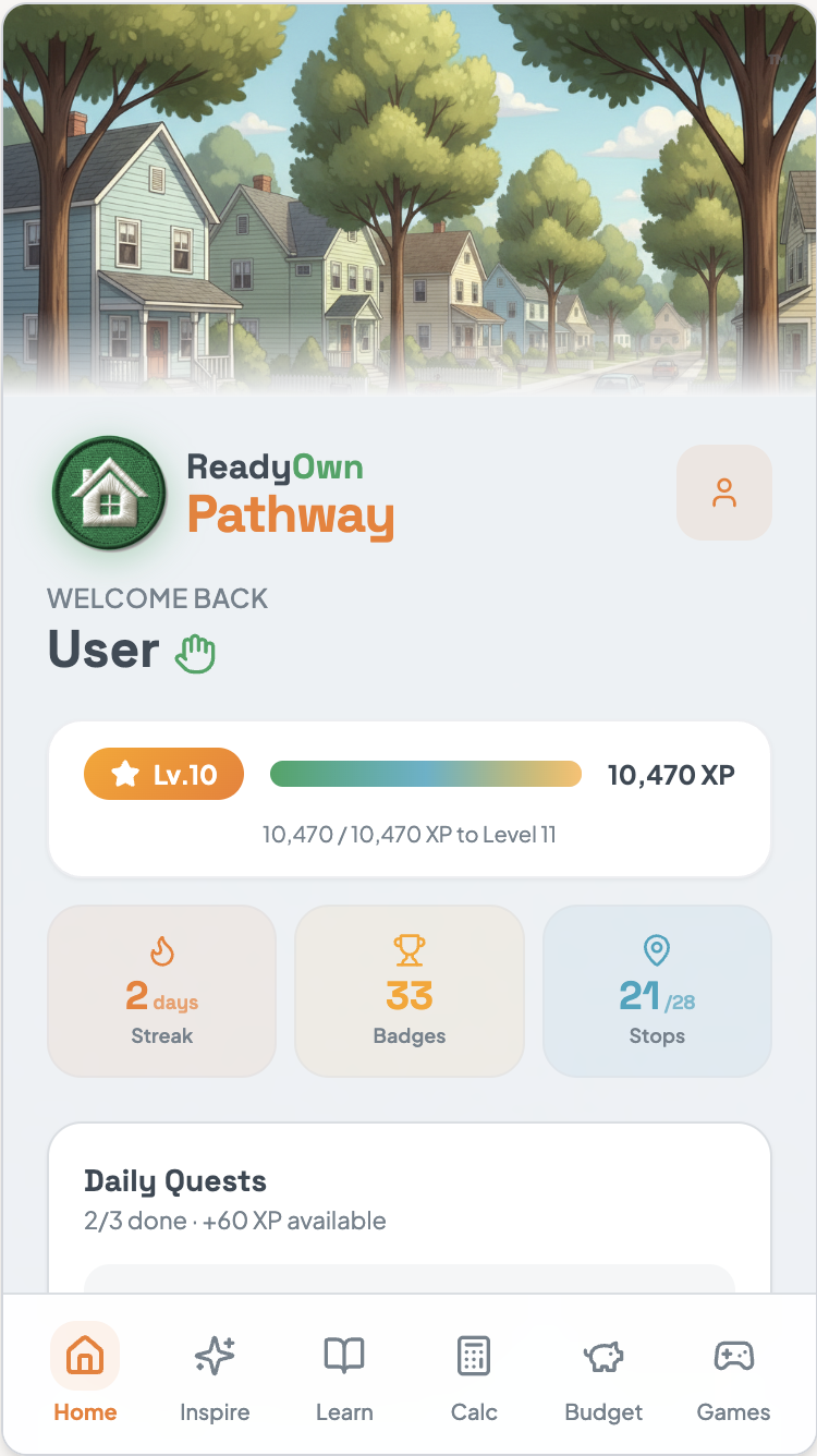 ReadyOwn Pathway dashboard with level progress, streaks, and daily quests