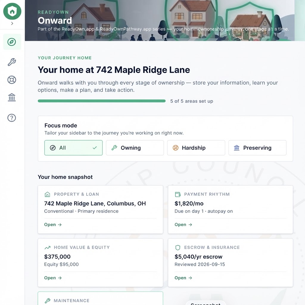 ReadyOwn Onward dashboard showing home snapshot, payment rhythm, and equity overview